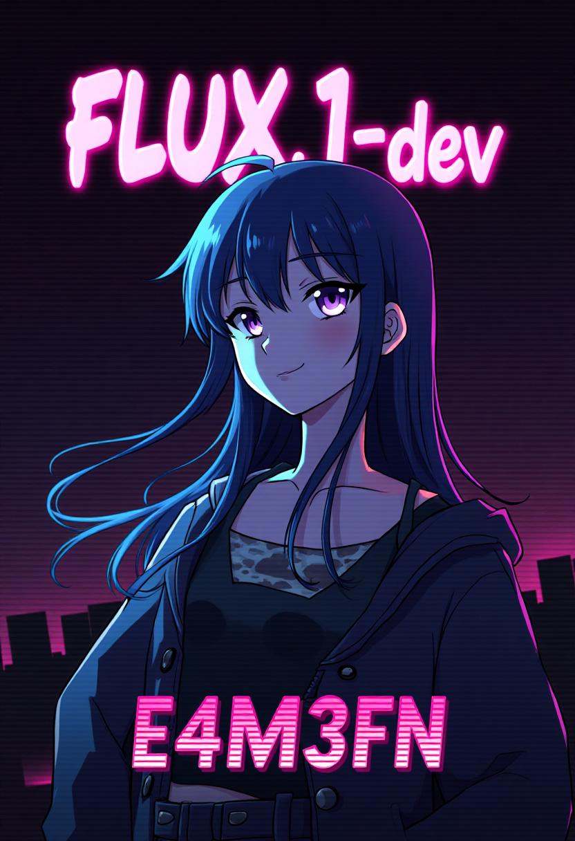 Stylized poster with text title reading "FLUX.1-dev". Below,  a subtitle with more text reads "E4M3FN". retro,  synthwave...