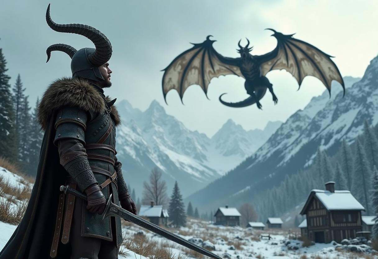 cinematic,  Skyrim themed,  a warrior wearing leather armor and horned helmet on Tensor.Art
