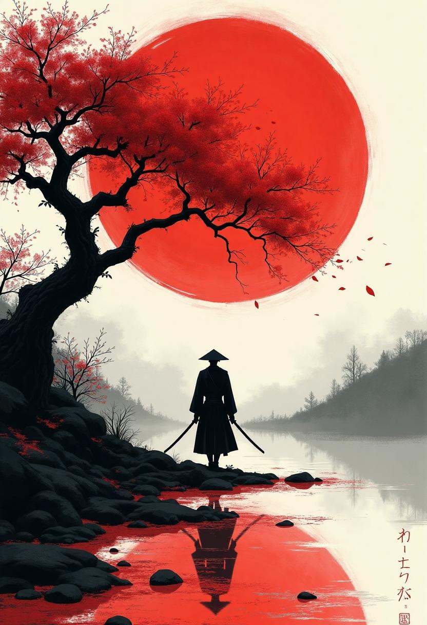 A lone samurai strides forward,  his silhouette calm yet unwavering against a vivid,  stylized backdrop. A massive crimson...