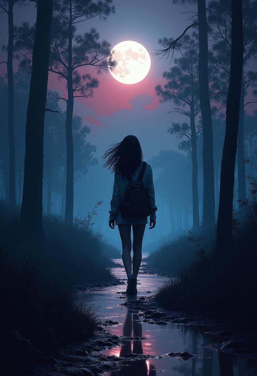 A hyper-realistic digital painting captures a lone woman wandering a narrow,  muddy trail through the eerie boglands of th...
