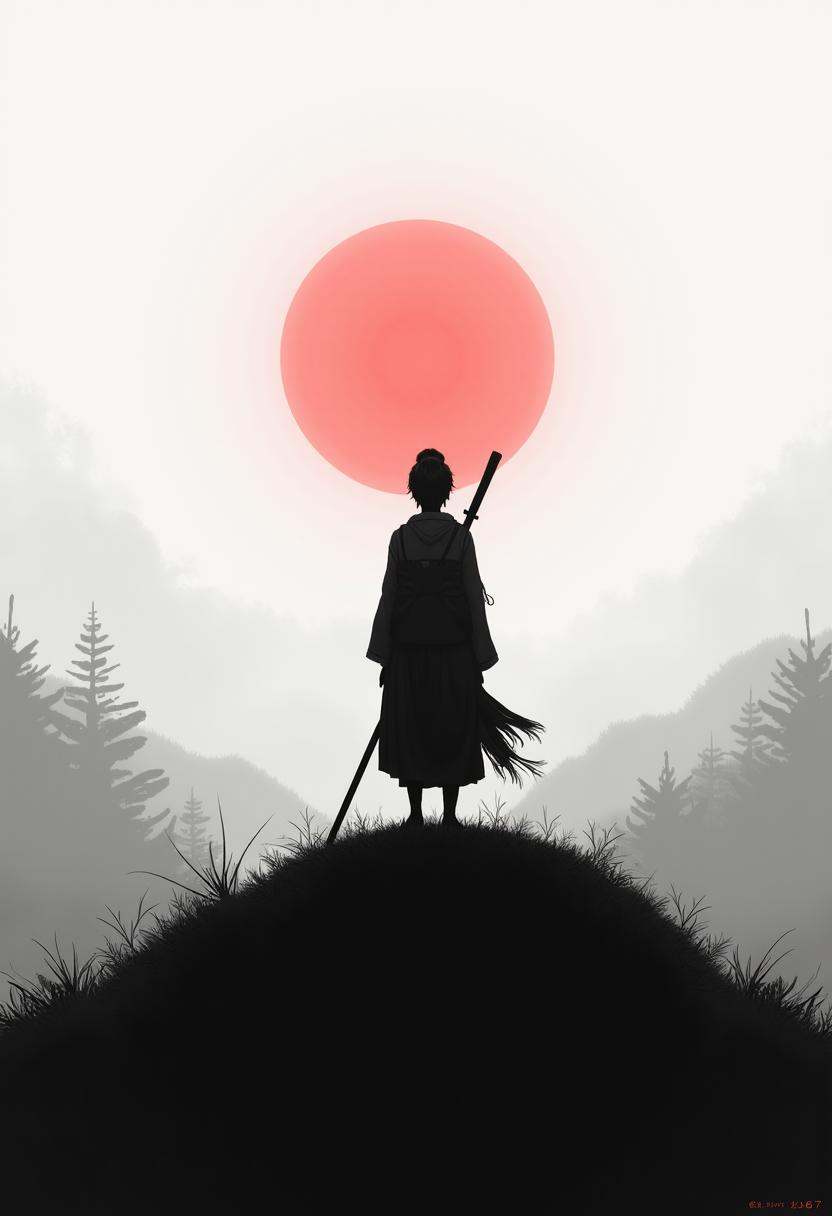 A lone figure stands atop a hill,  their back view framed against a foggy background. Gripping a stave,  their shadow stre...