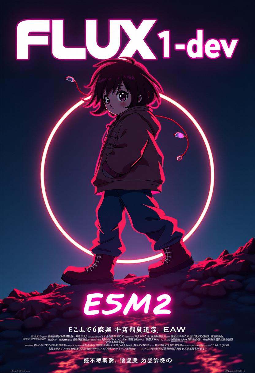 Stylized poster with text title reading "FLUX.1-dev". Below,  a subtitle with more text reads "E5M2". retro,  synthwave on...