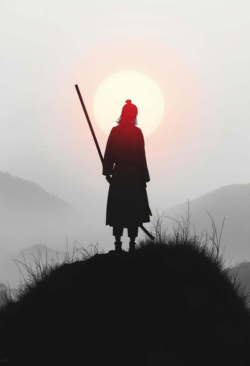 A lone figure stands atop a hill,  their back view framed against a foggy background. Gripping a stave,  their shadow stre...