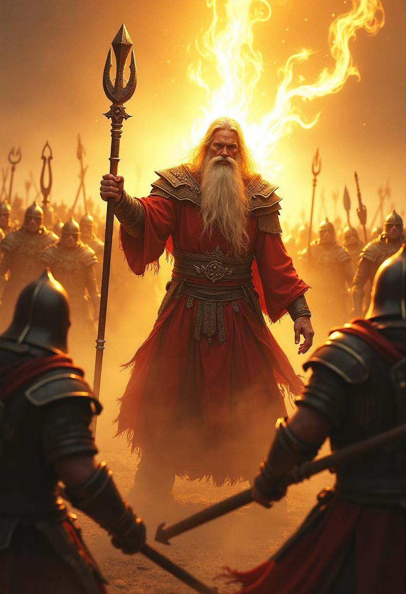 A battle-hardened mage stands at the heart of the fray,  encircled by warriors surging toward their foes. A radiant golden...