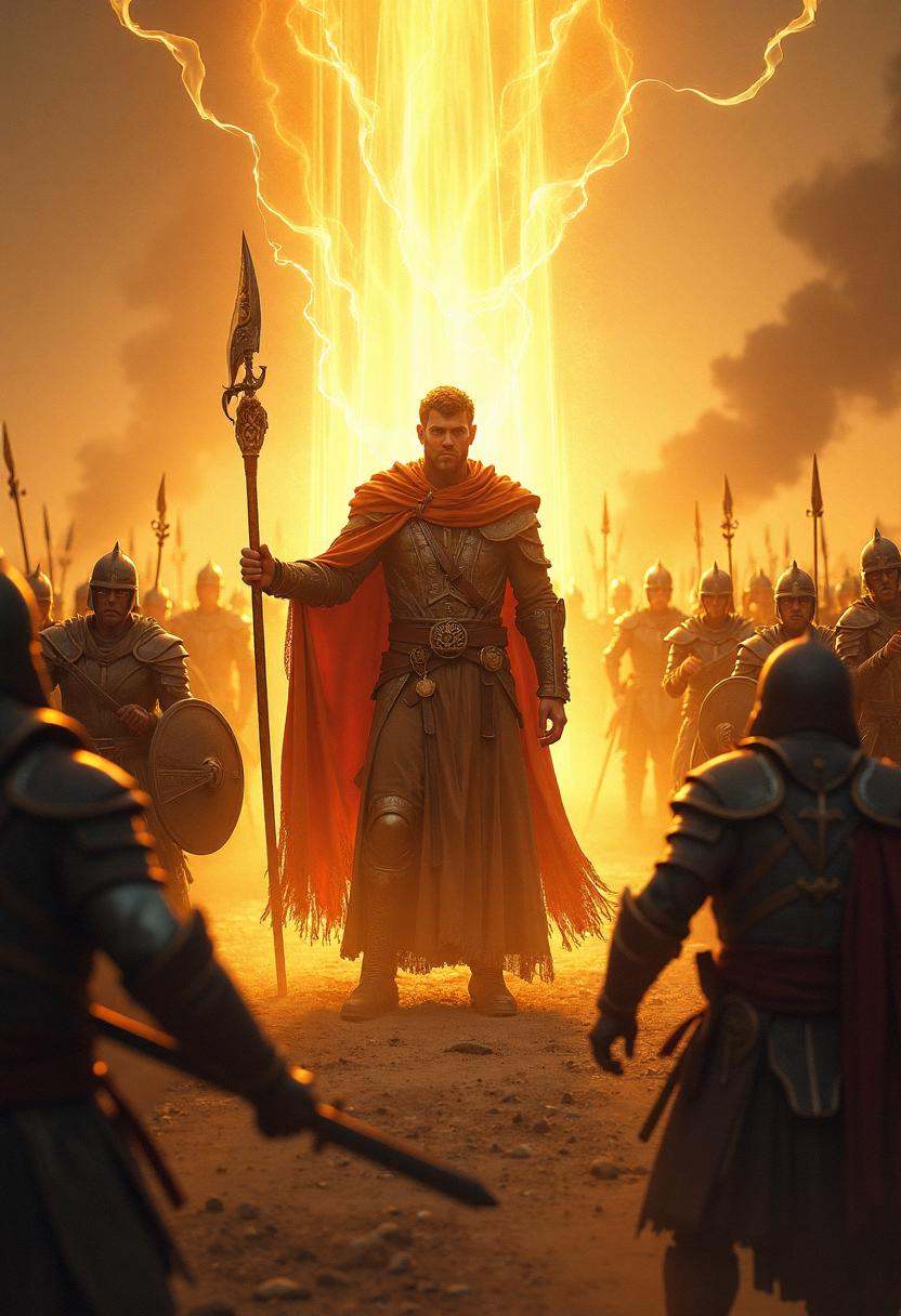 A battle-hardened mage stands at the heart of the fray,  encircled by warriors surging toward their foes. A radiant golden...