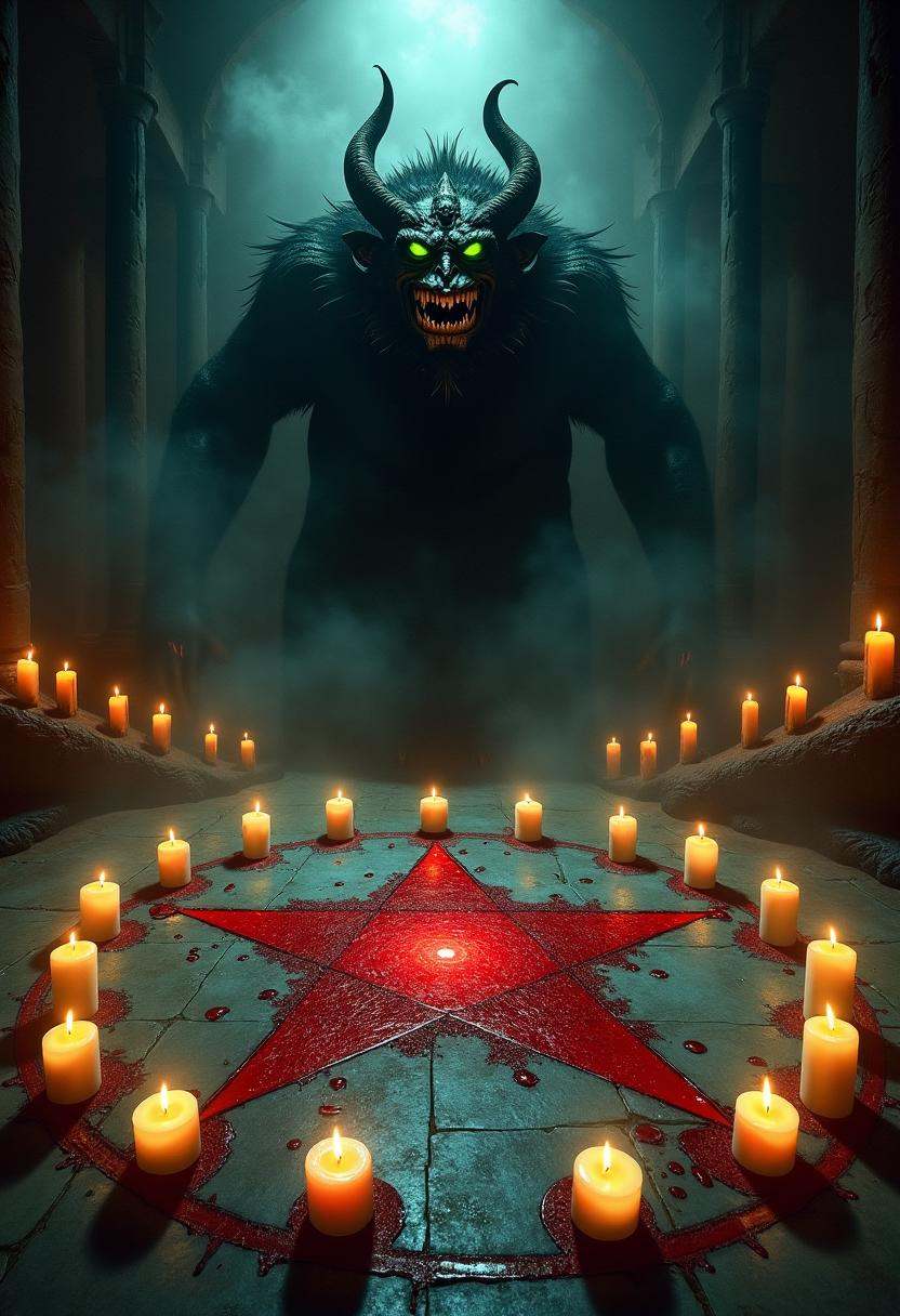 A masterfully detailed dark fantasy scene unfolds in a dimly lit,  foreboding chamber. A massive,  blood-drawn pentagram s...