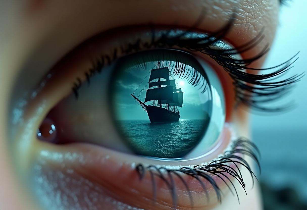 Hyperdetailed photo featuring an extreme close-up of the iris of a realistic,  giant human eye,  filling the entire frame....