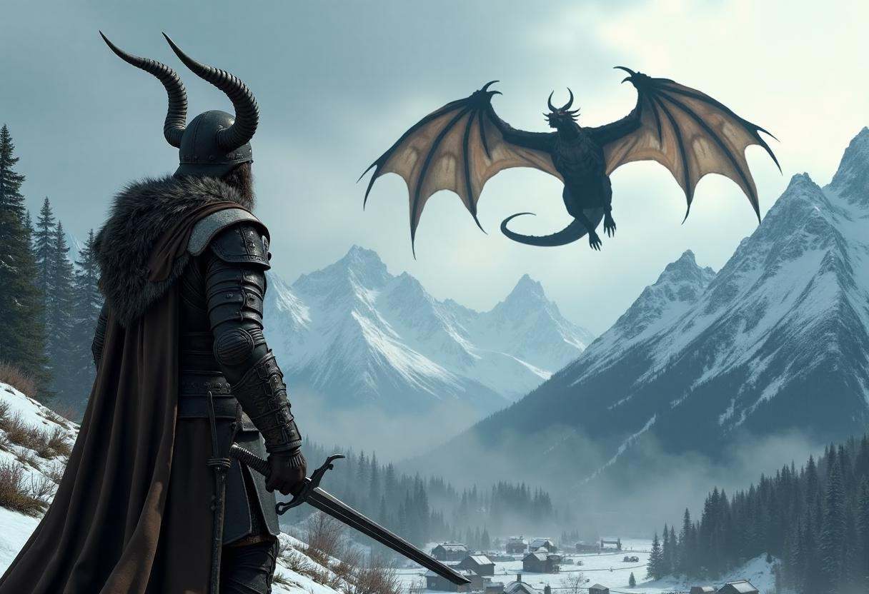cinematic,  Skyrim themed,  a warrior wearing leather armor and horned helmet on Tensor.Art