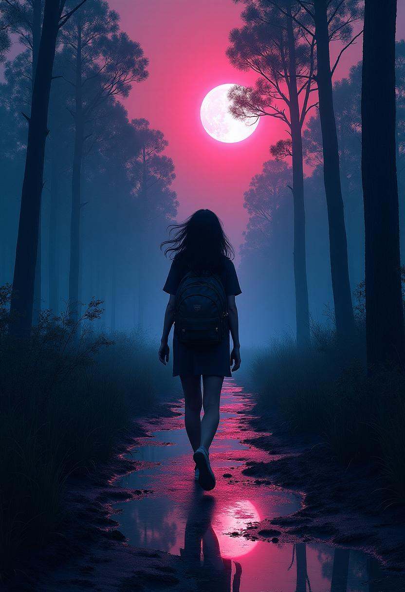 A hyper-realistic digital painting captures a lone woman wandering a narrow,  muddy trail through the eerie boglands of th...