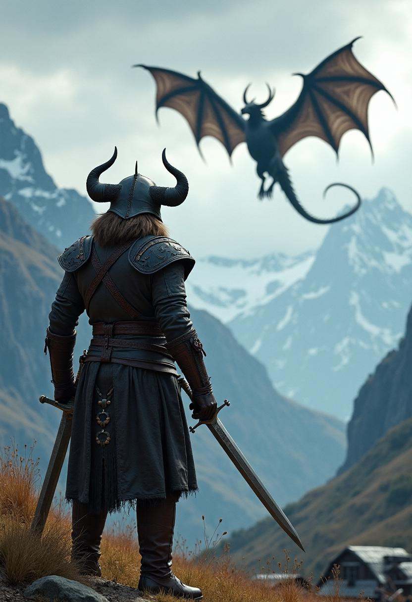 cinematic,  Skyrim themed,  a warrior wearing leather armor and horned helmet on Tensor.Art