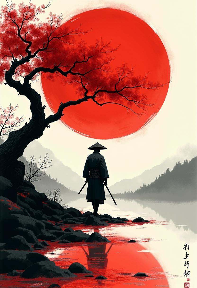 A lone samurai strides forward,  his silhouette calm yet unwavering against a vivid,  stylized backdrop. A massive crimson...