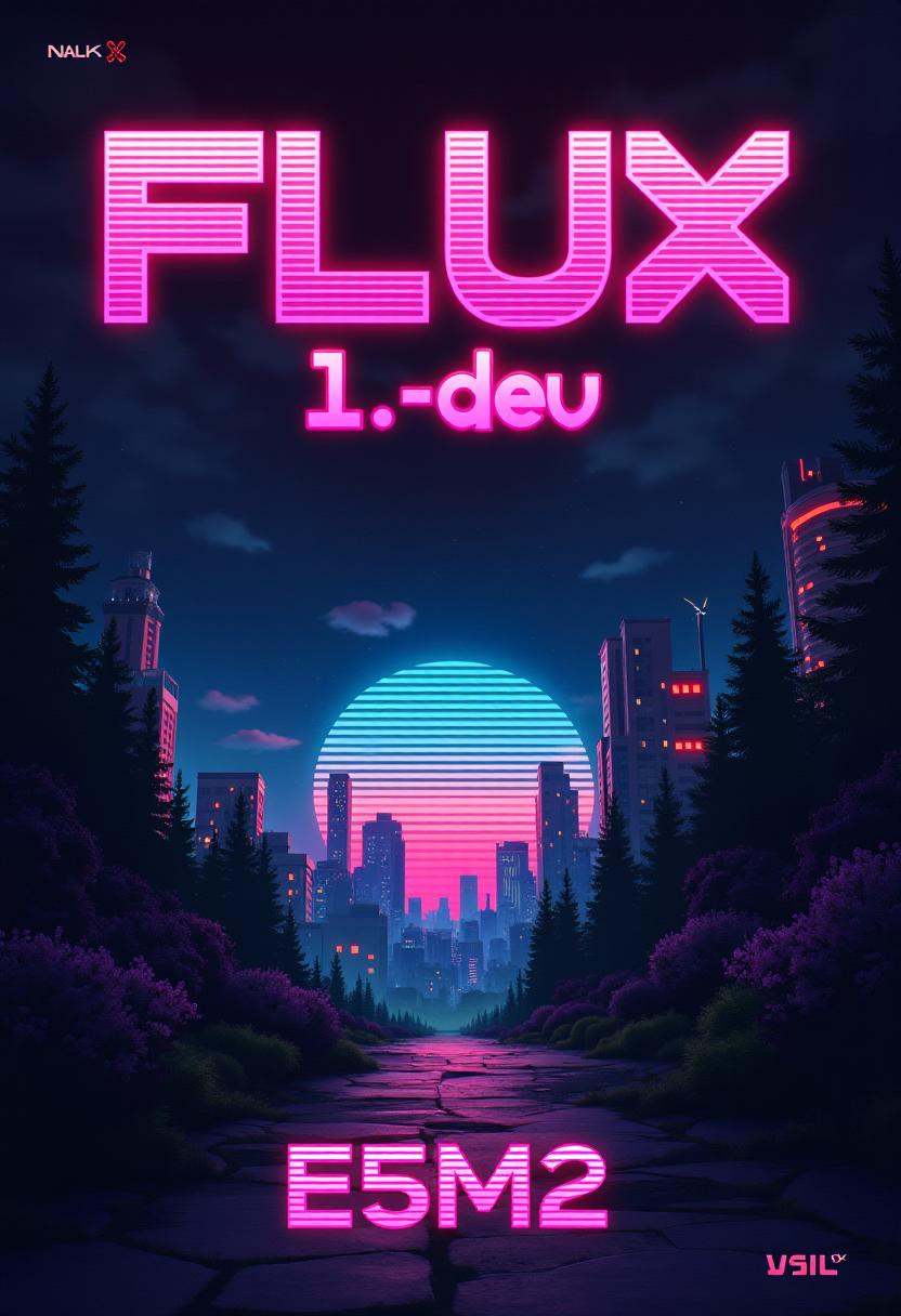 Stylized poster with text title reading "FLUX.1-dev". Below,  a subtitle with more text reads "E5M2". retro,  synthwave on...
