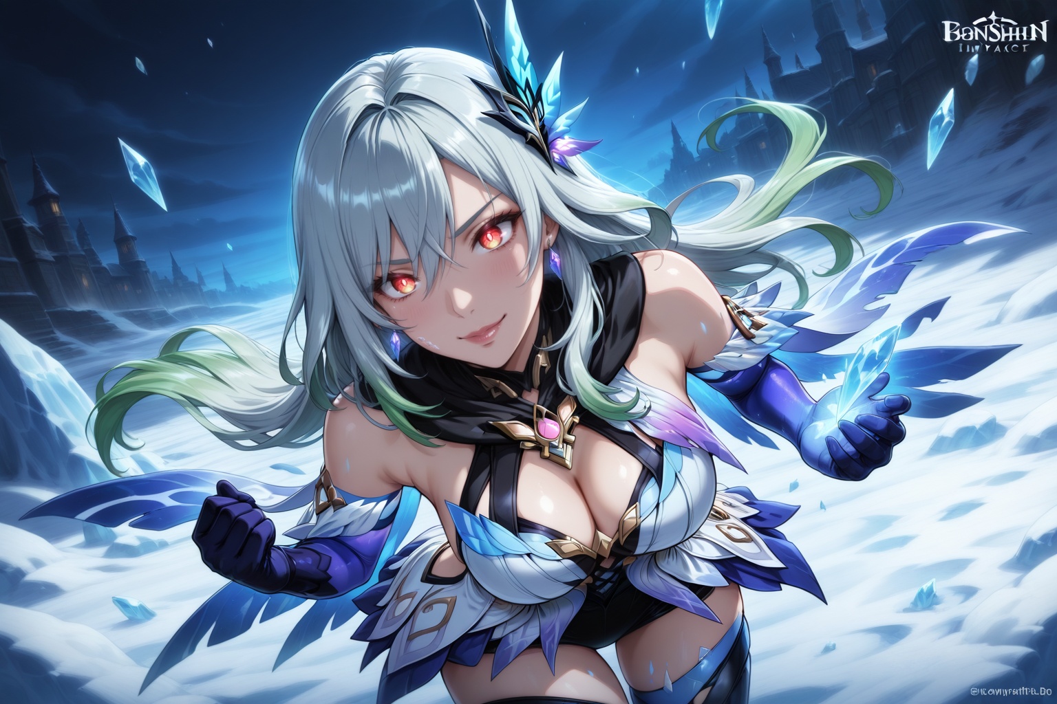 Skirk (Genshin Impact),  standing on frozen battlefield,  red glowing eyes on Tensor.Art