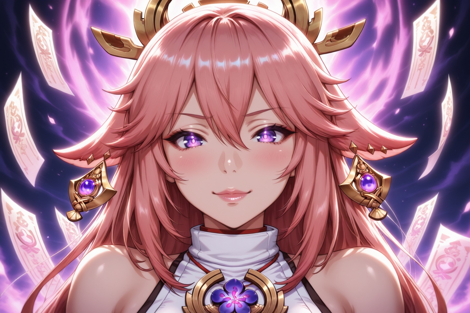 Yae Miko,  divine fox priestess,  long pink hair glowing in moonlight on Tensor.Art