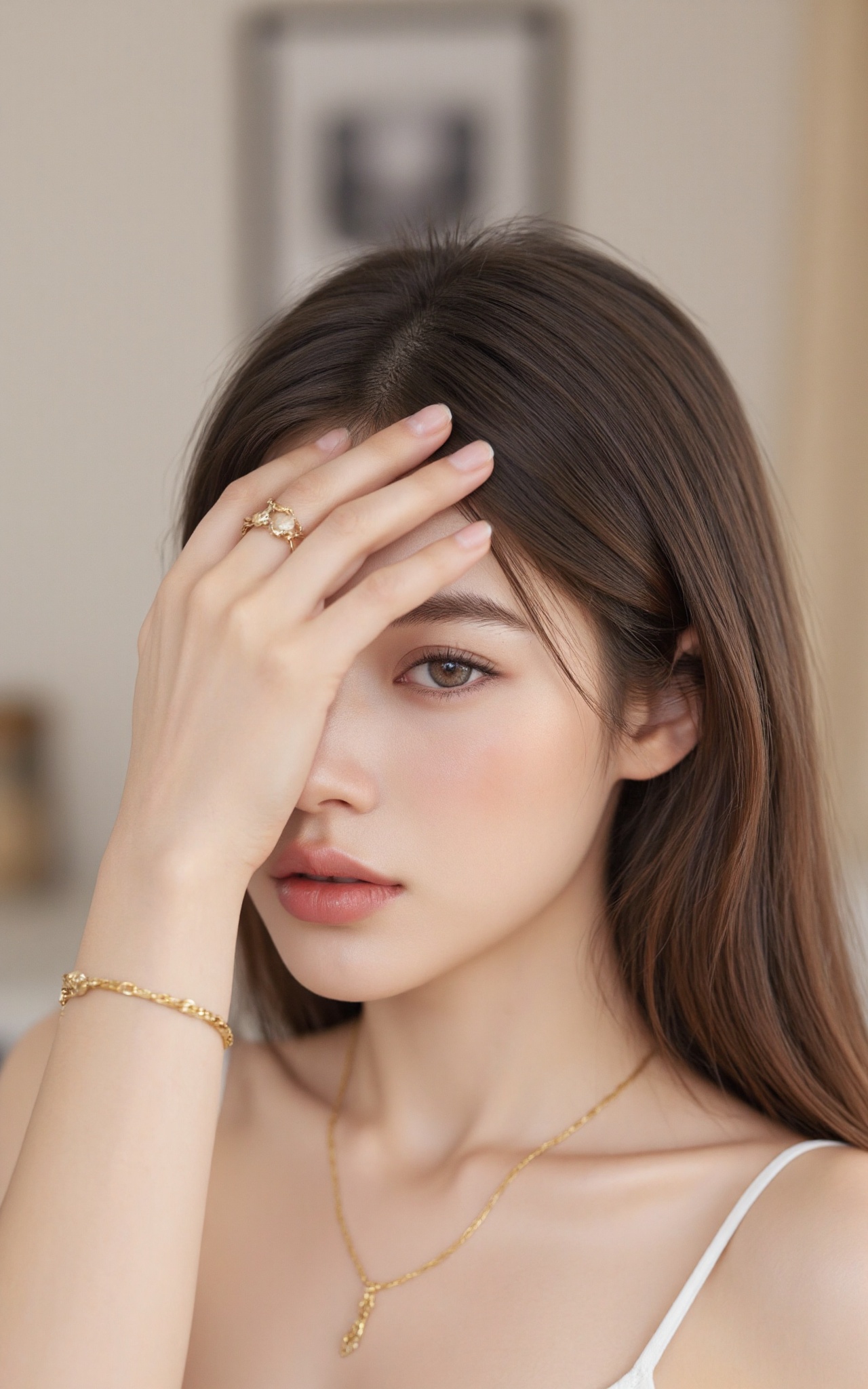 A close-up photograph of a young Asian woman with long,  straight brown hair,  partially covering her face with her right...
