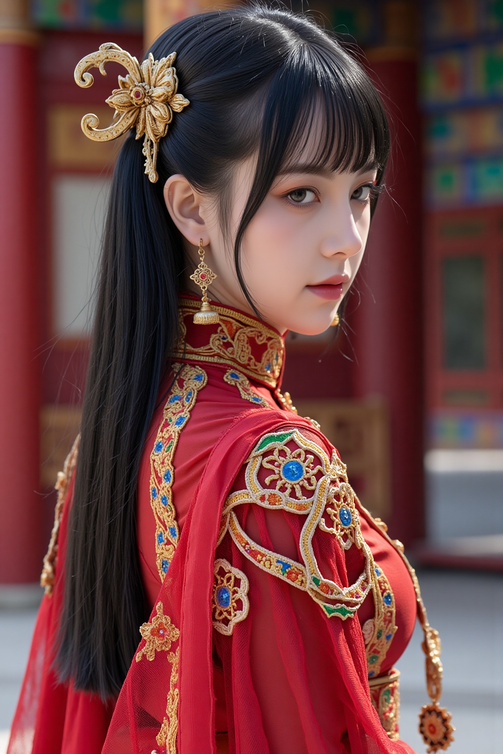 Super detailed,  super realistic,  beautiful Chinese girl Dòu Bàn Jiàng with long hair and blunt bangs. Wearing a body tig...