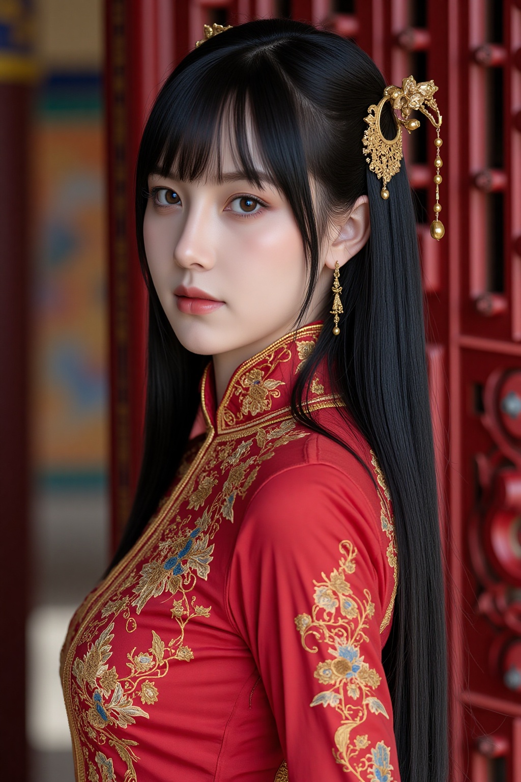 Super detailed,  super realistic,  beautiful Chinese girl Dòu Bàn Jiàng with long hair and blunt bangs. Wearing a body tig...