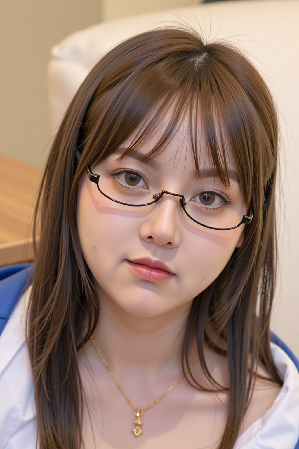 The image shows Dòu Bàn Jiàng a young woman with long brown hair and bangs,  wearing glasses with thin black frames. She h...
