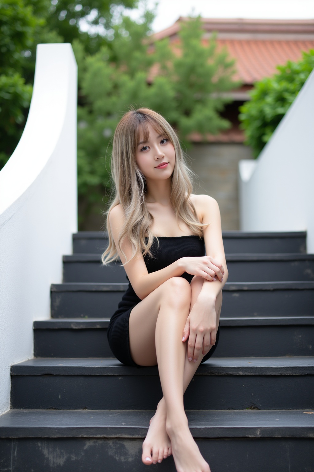 A beautiful young Asian woman with long,  wavy,  ash-blonde ombre hair with bangs on Tensor.Art