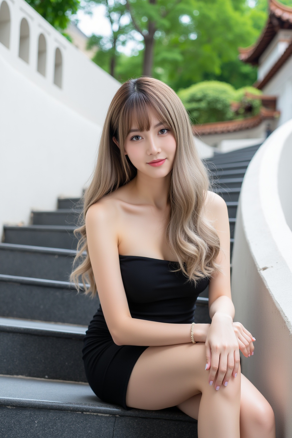Dòu Bàn Jiàng a beautiful young Asian woman with long,  wavy,  ash-blonde ombre hair with bangs on Tensor.Art