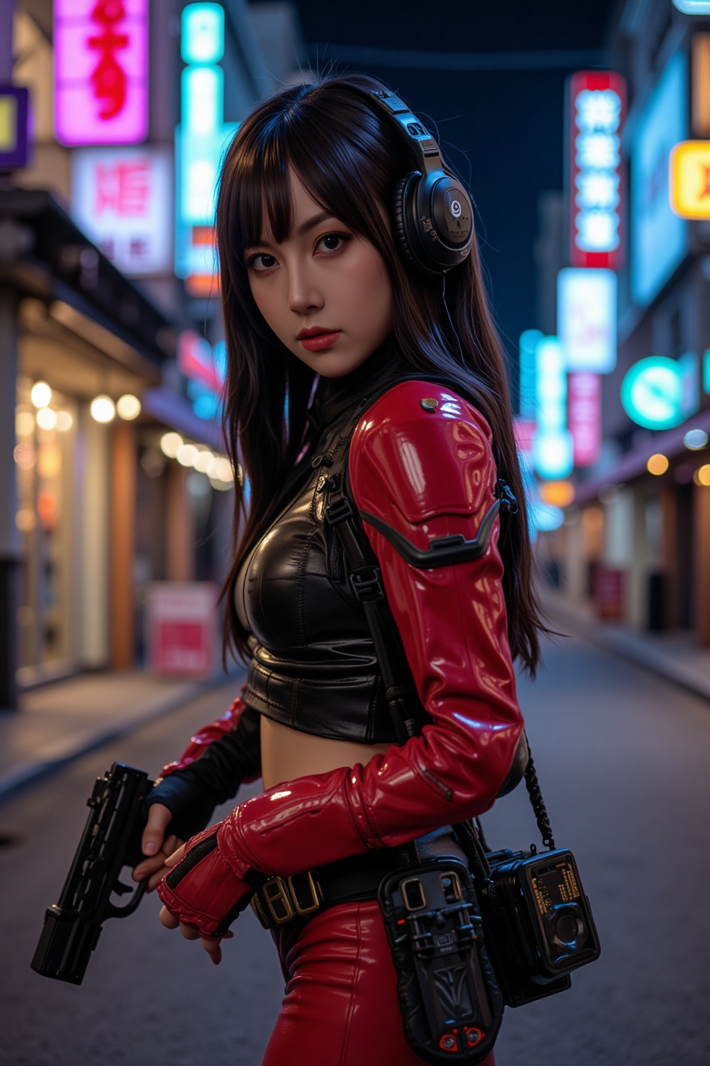 cyberpunk anime,  Dòu Bàn Jiàng stunning Japanese woman wearing red and black sci-fi power armour,  long hair with bangs o...