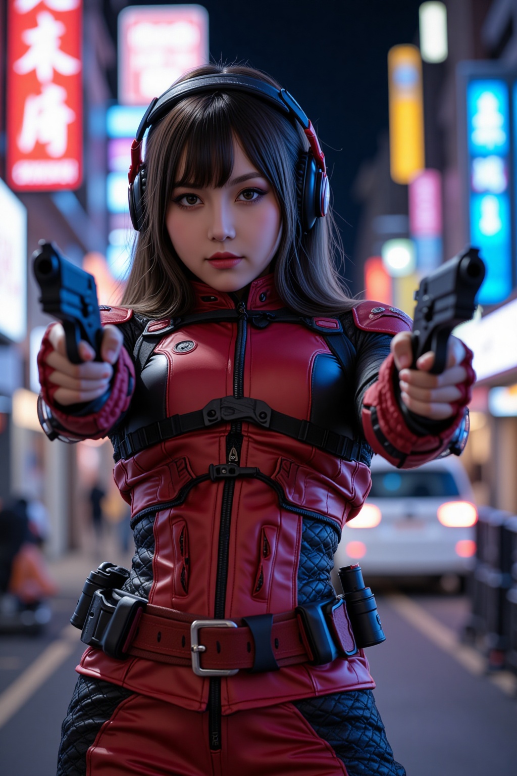 cyberpunk anime,  Dòu Bàn Jiàng stunning Japanese woman wearing red and black sci-fi power armour,  long hair with bangs o...