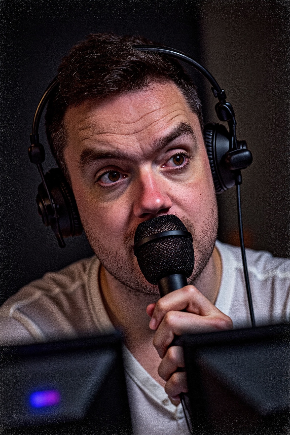 A high-resolution,  professional portrait photograph of d4nd4ws0n man with short brown hair,  wearing large headphones and...