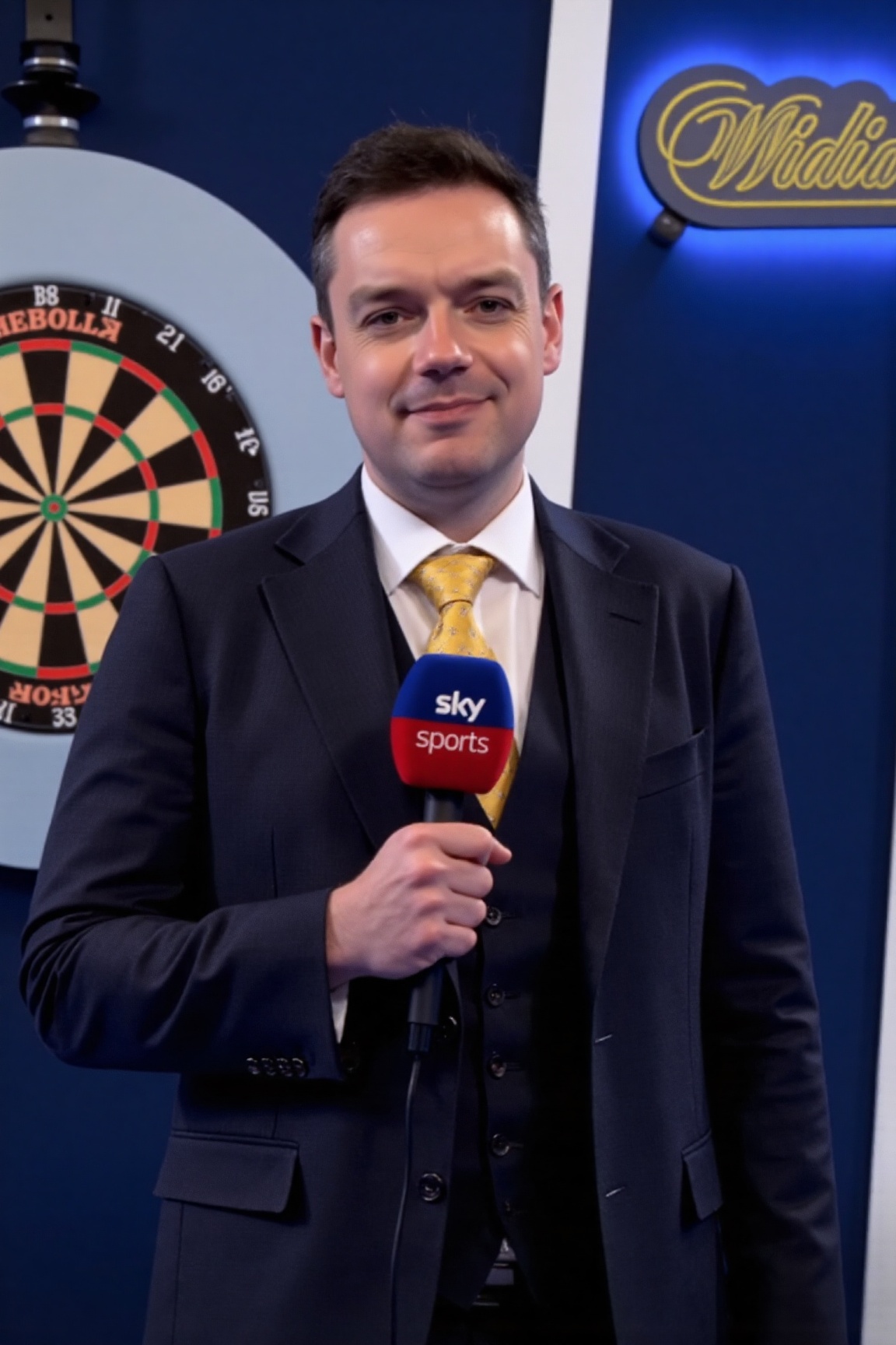 A high-resolution,  professional portrait photograph of d4nd4ws0n man with short brown hair,  wearing a dark blue suit on...