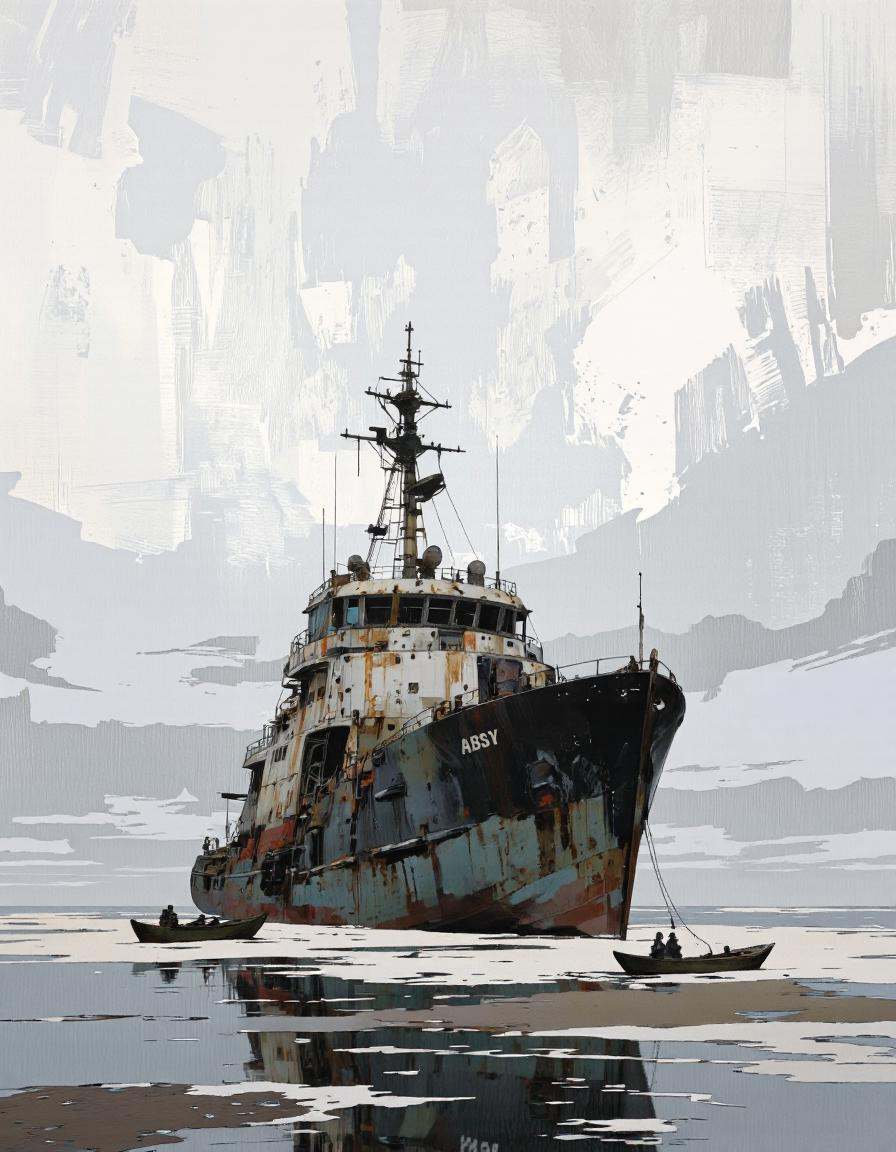 IllusFactor1.. A digital illustration shoot from a low angle about a large ship in a desolate ocean setting,  partially su...