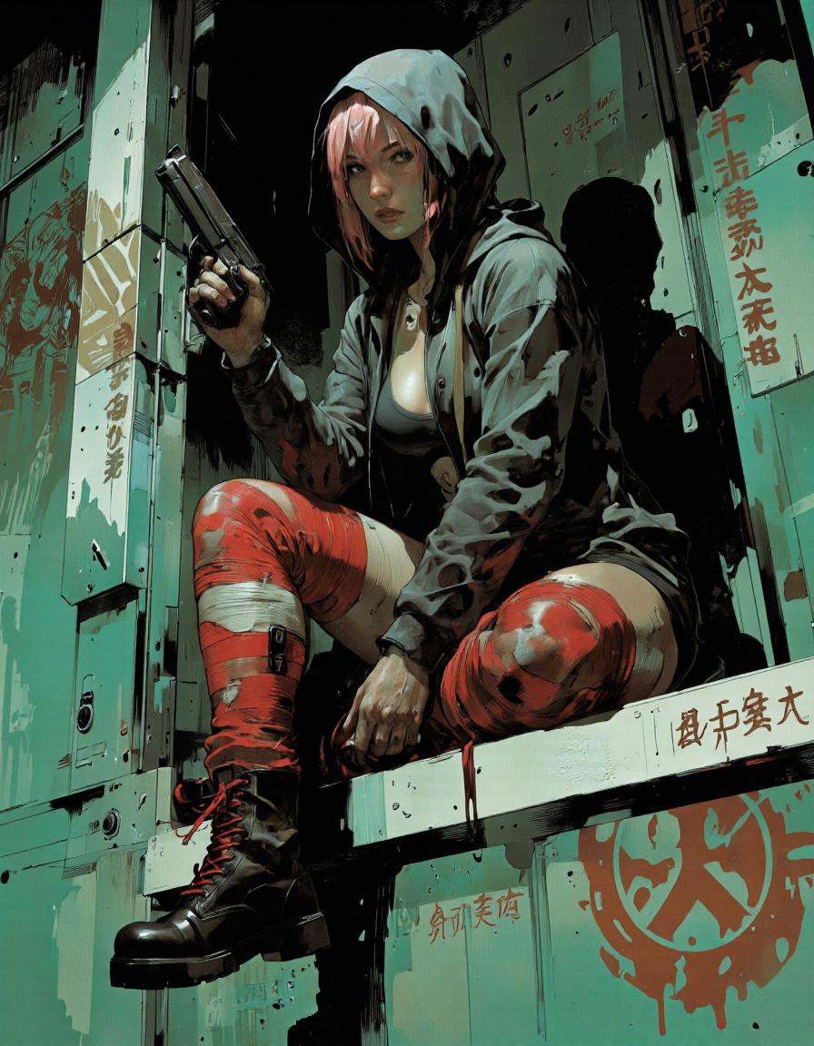IllusFactor1. A digital illustration shoot from a low-angle perspective about a female character sitting on a ledge in a f...