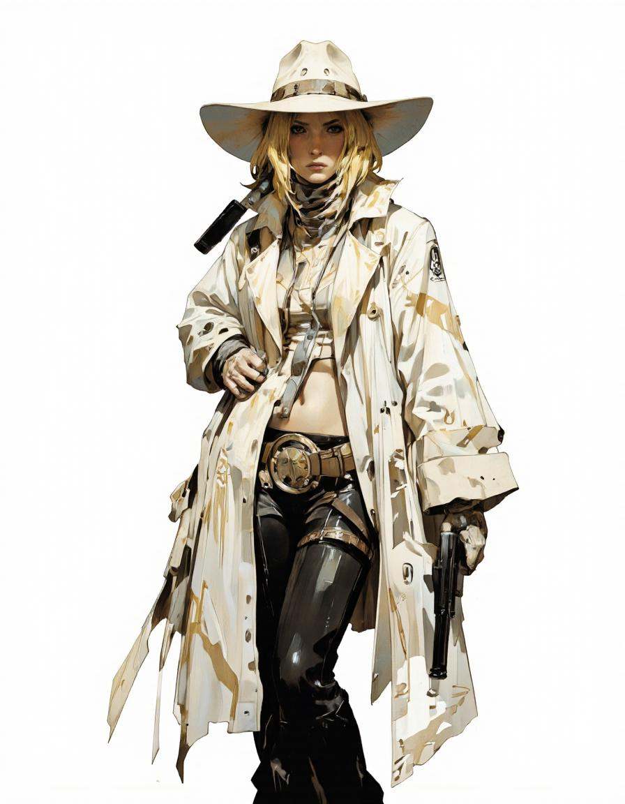 IllusFactor1. A digital illustration shoot from a low angle about a female character in a futuristic outfit with a cowboy...