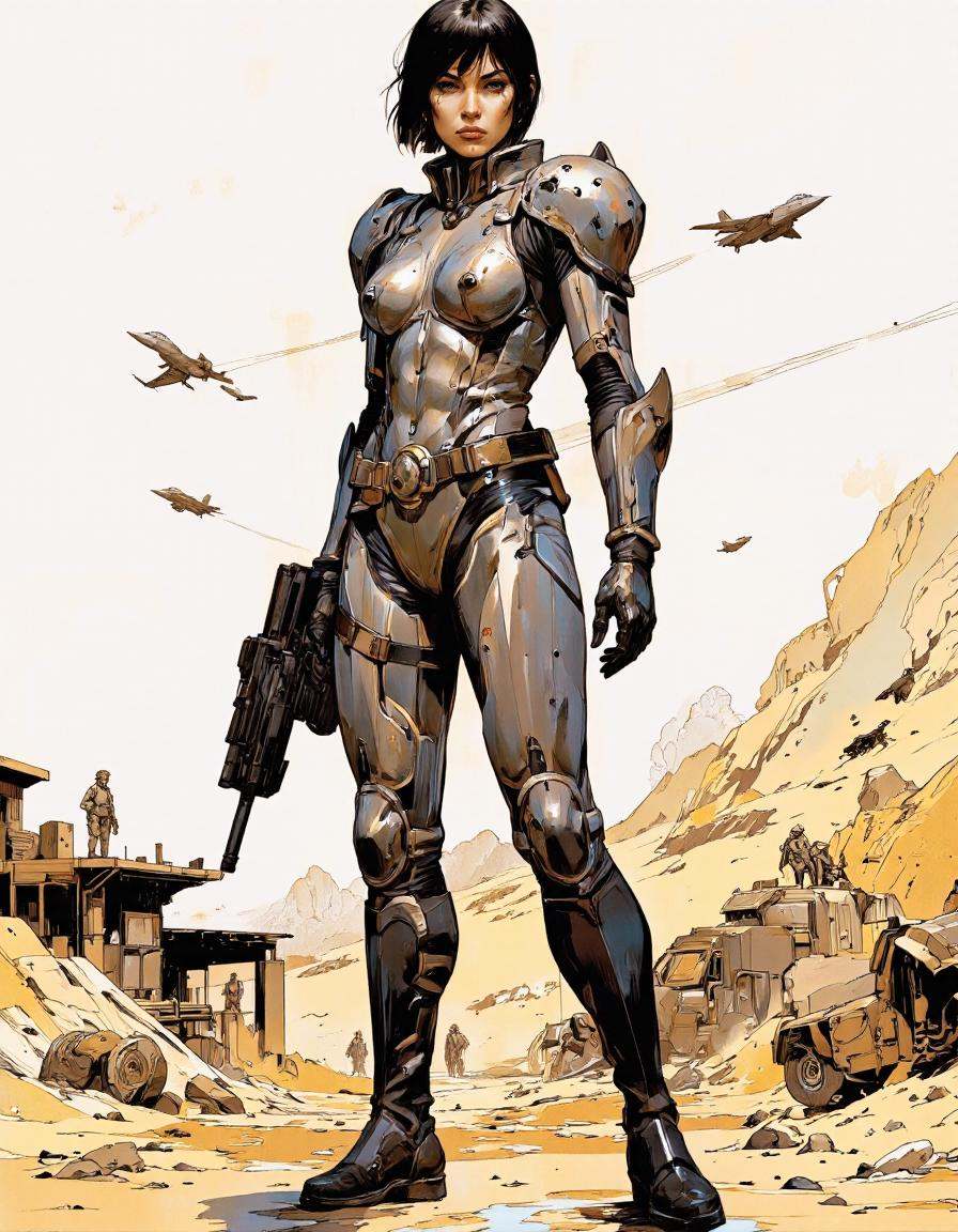 IllusFactor1.. A comic book-style illustration of a female character in futuristic armor holding a gun,  standing confiden...