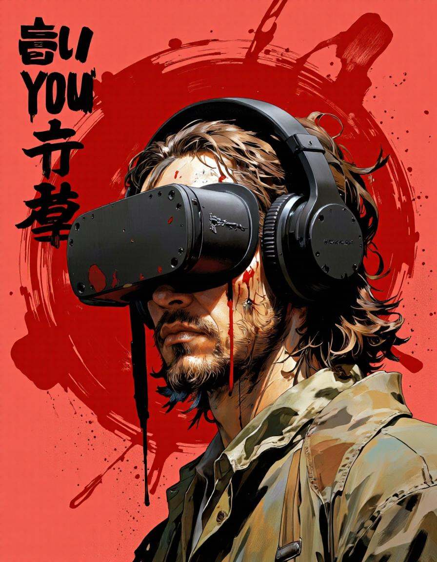 IllusFactor1.. A digital illustration shoot from a portrait camera angle about a man wearing a VR headset with blood splat...