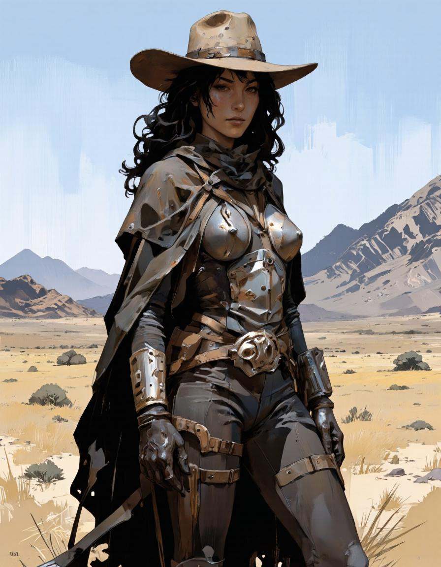 IllusFactor1. A digital illustration shoot from the side about a female character in a desert setting,  wearing a cowboy h...