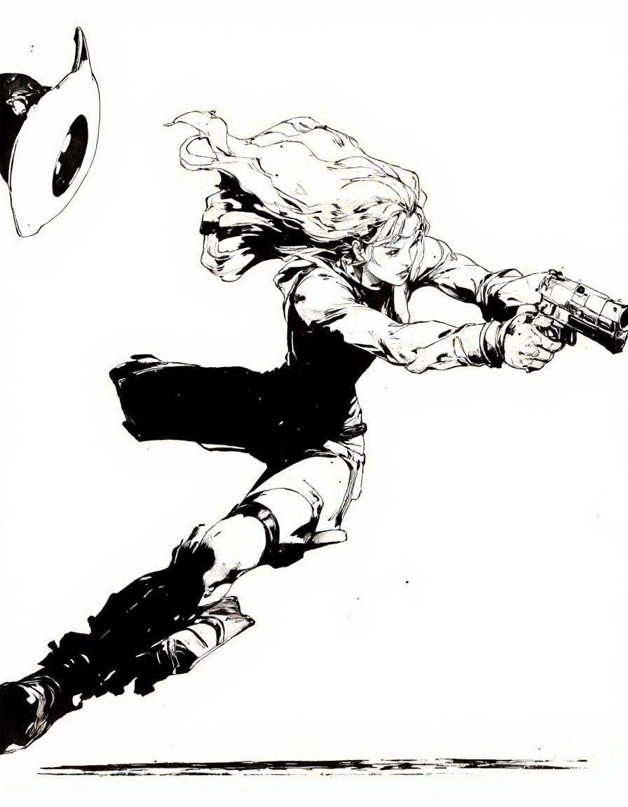 IllusFactor1. A black and white,  stylized illustration of a female character in a dynamic action,  aiming a gun at an ali...