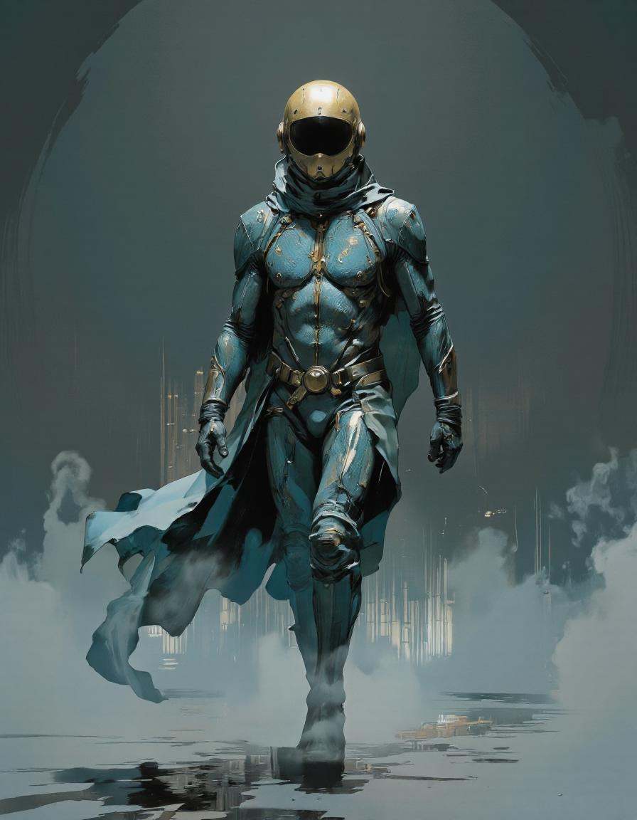 IllusFactor1. A photo-realistic shoot from a frontal camera angle about a mysterious astronaut in a teal,  metallic suit w...