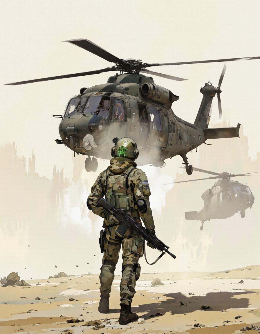 IllusFactor1.. A digital illustration shoot from a side camera angle about a futuristic soldier in a camouflage suit holdi...
