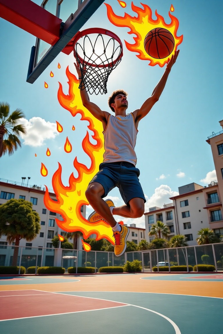 Shot from side,  A young man jumping high in the air,  about to slam dunk a basketball on an outdoor court. The basketball...