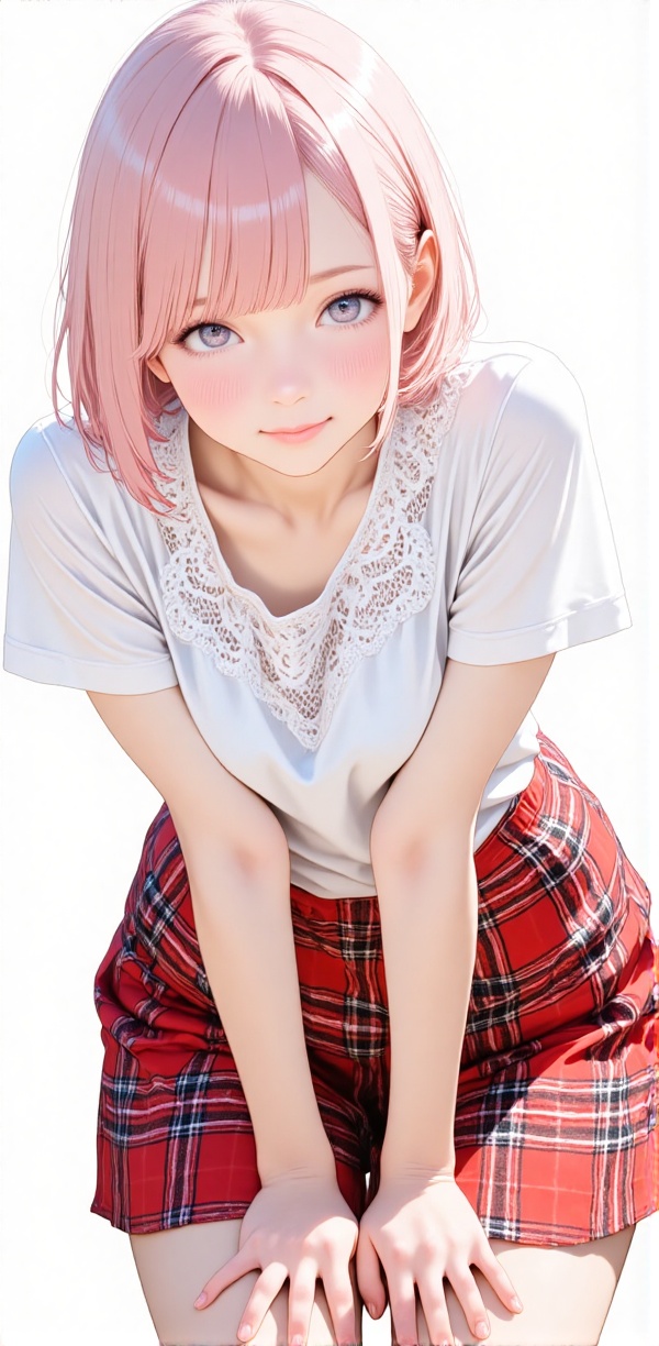 The image depicts a stylized anime-style illustration of a young woman with short,  pink hair wearing a white top with lac...
