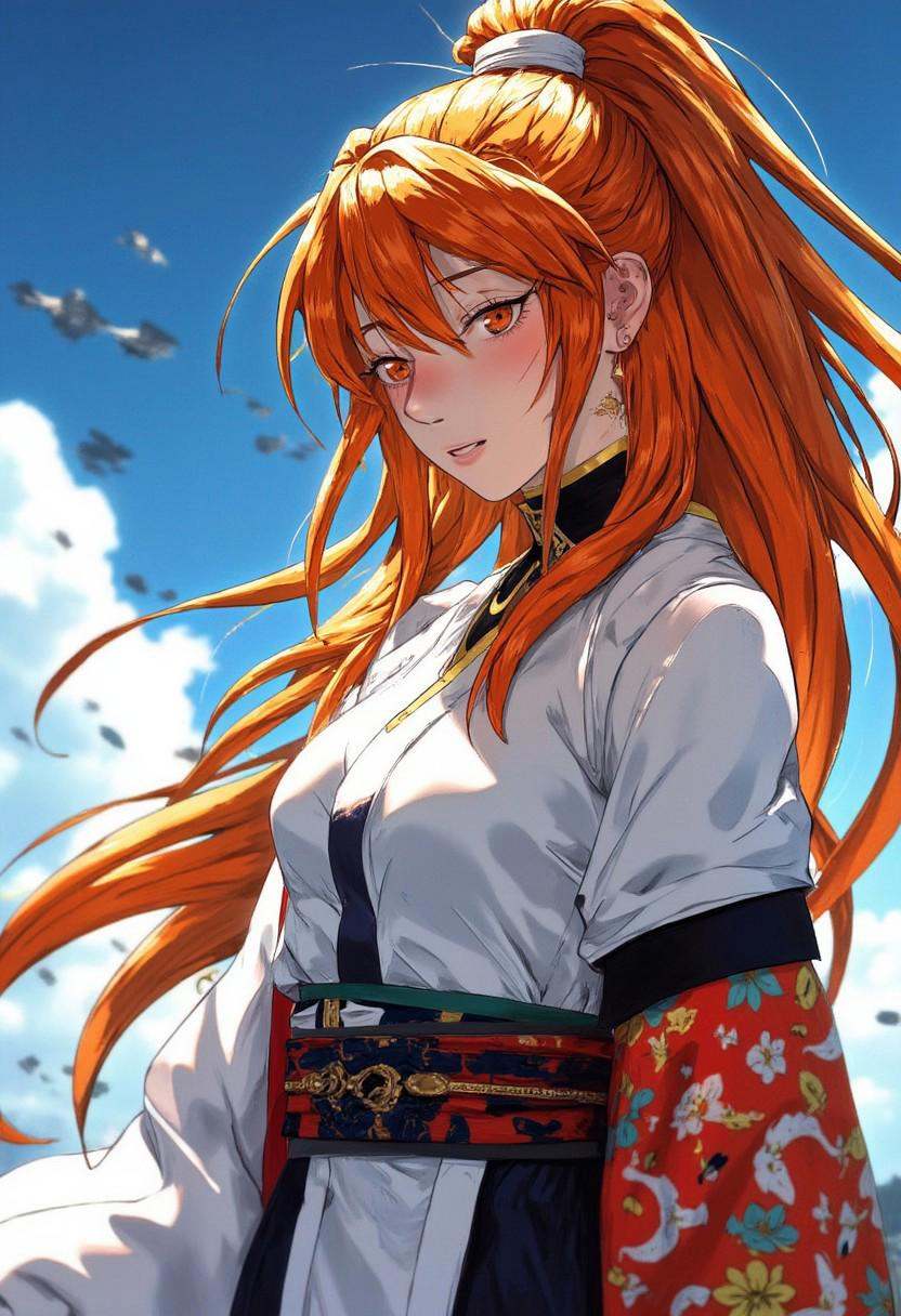 Highly detailed and dramatic digital artwork featuring a young woman with an anime-style aesthetic. The subject is a femal...