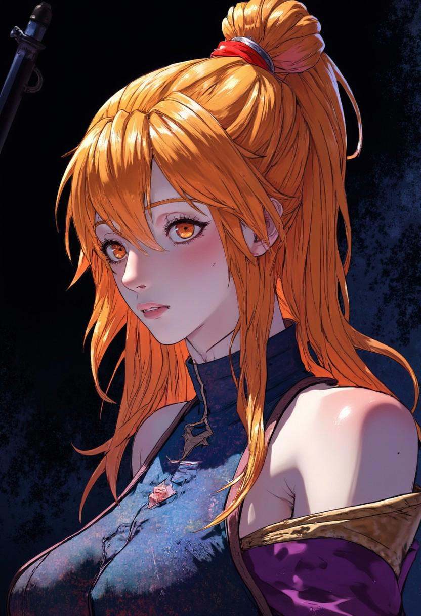 Highly detailed and dramatic digital artwork featuring a young woman with an anime-style aesthetic. The subject is a femal...