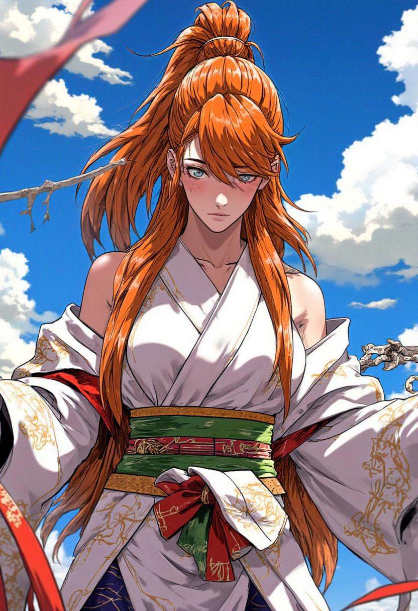 Highly detailed and dramatic digital artwork featuring a young woman with an anime-style aesthetic. The subject is a femal...