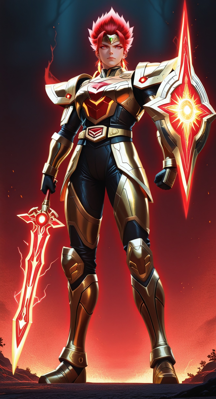 cybernetic golden and crimson warrior guardian,  anime fantasy style with futuristic energy,  radiant armor and mythic bat...