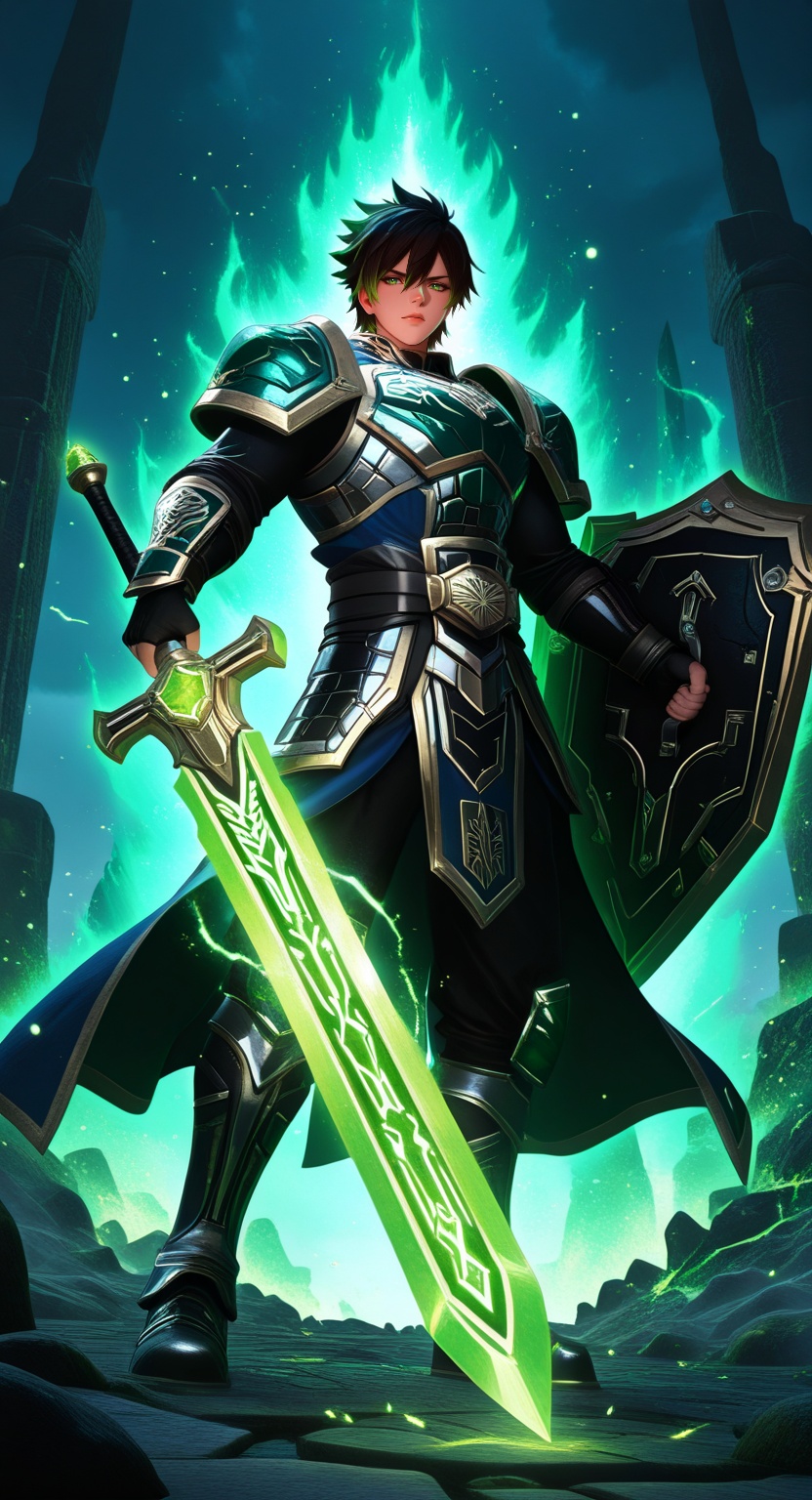 obsidian and emerald paladin guardian,  anime fantasy style,  heroic and mystical presence on Tensor.Art