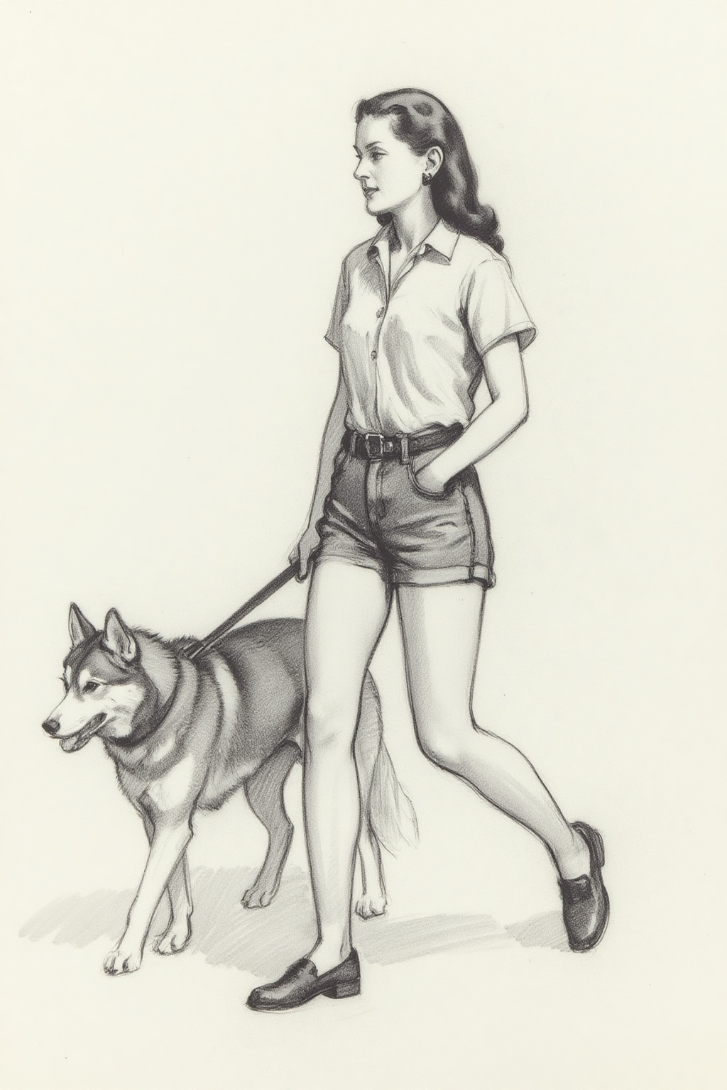 monochrome charcoal drawing of a young woman,  wearing a short-sleeved shirt and short jean shorts,  walking a husky dog o...