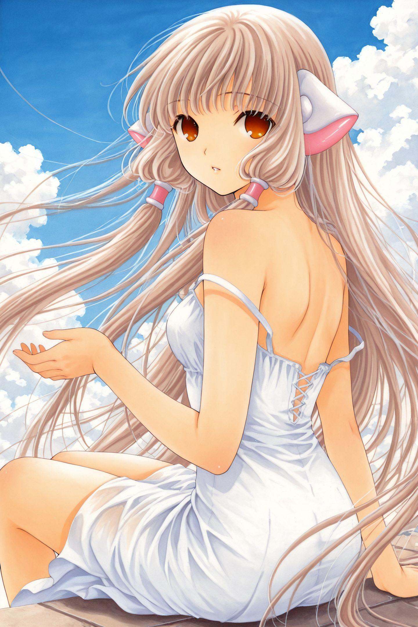 CHII,1girl,solo,long hair,day,very long hair,cloud,sky,robot ears,dress,sitting,blonde hair,looking back,white dress,looking at viewer,brown eyes,hair tubes,bare shoulders,outdoors,strap slip,floating hair,wind,orange eyes,parted lips,bangs,back,sleeveless,sundress,blue sky,from behind,traditional media,<lora:Chobits_illustriousXL:1>,