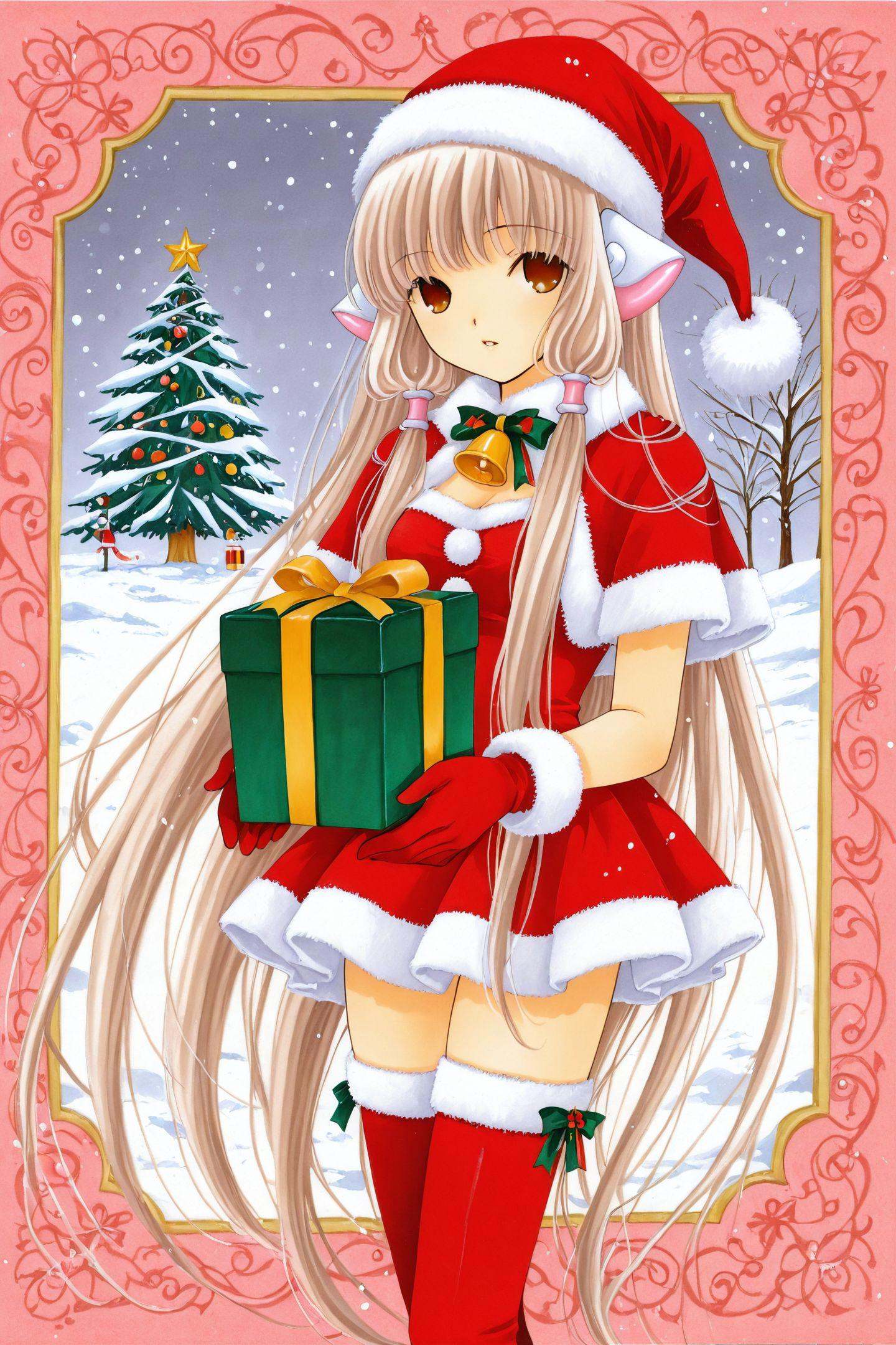 CHII,1girl,solo,santa costume,christmas,long hair,thighhighs,bell,santa hat,brown eyes,very long hair,gloves,ribbon,blonde hair,snow,robot ears,red gloves,red thighhighs,traditional media,christmas tree,gift box,upper body,<lora:Chobits_illustriousXL:1>,