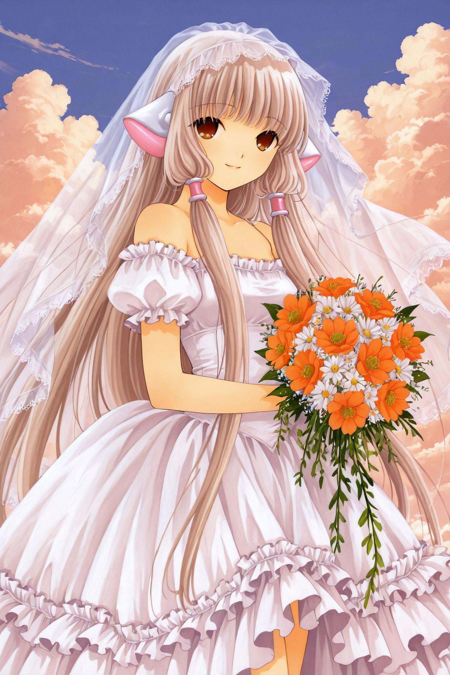 CHII,1girl,flower,solo,long hair,brown eyes,dress,blonde hair,robot ears,veil,bouquet,sky,frills,cloud,day,looking at viewer,smile,holding,hair tubes,white dress,<lora:Chobits_illustriousXL:1>,