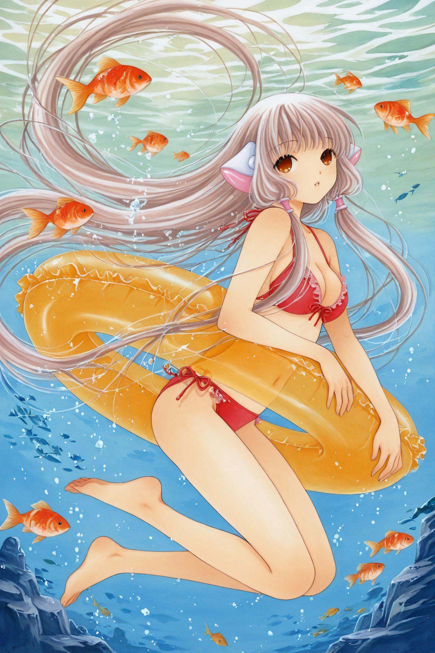 CHII,1girl,swimsuit,innertube,long hair,robot ears,underwater,bikini,barefoot,swimming,very long hair,one-piece swimsuit,partially submerged,orange eyes,brown eyes,afloat,fish,traditional media,<lora:Chobits_illustriousXL:1>,