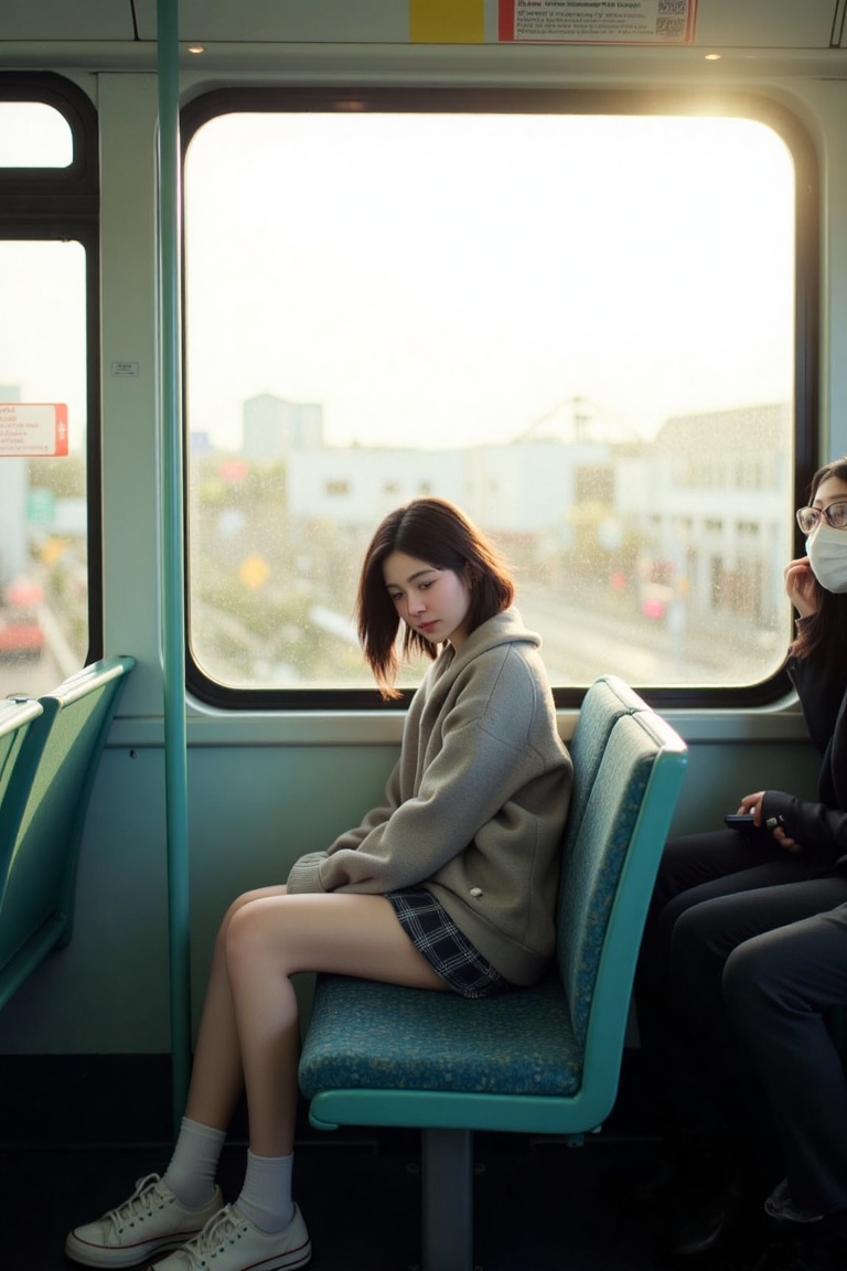 cute girl sitting on a bus,  natural lighting from window,  35mm lens on Tensor.Art